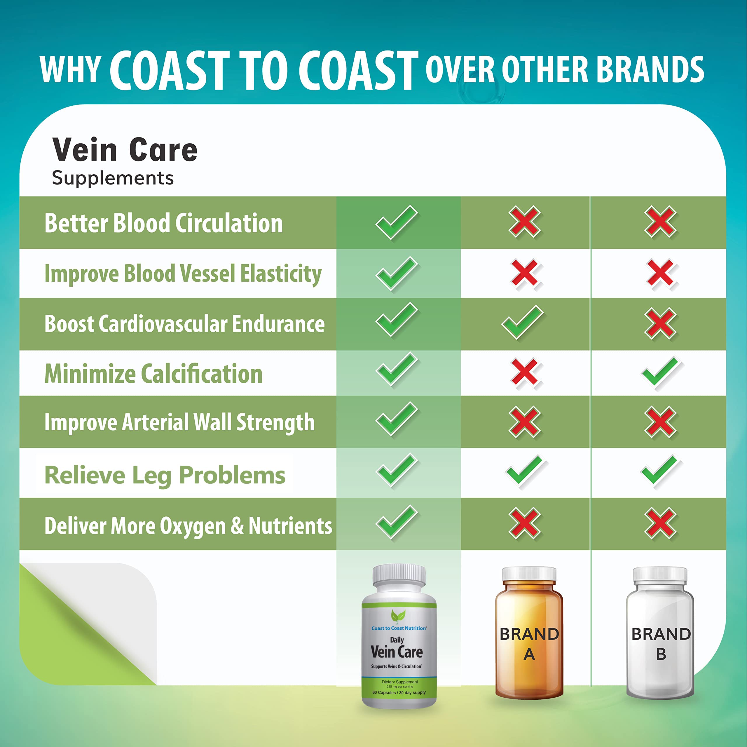 Coast to Coast Nutrition Daily Vein Care Supplement Capsules — Circulation Formula with a Natural Blend of Calcium, Vitamin D3, Vitamin K2 Plus BioPerine for Max Absorption Vein Formula — 60 Capsules Coast to Coast NutritionBuy Supplements Australia