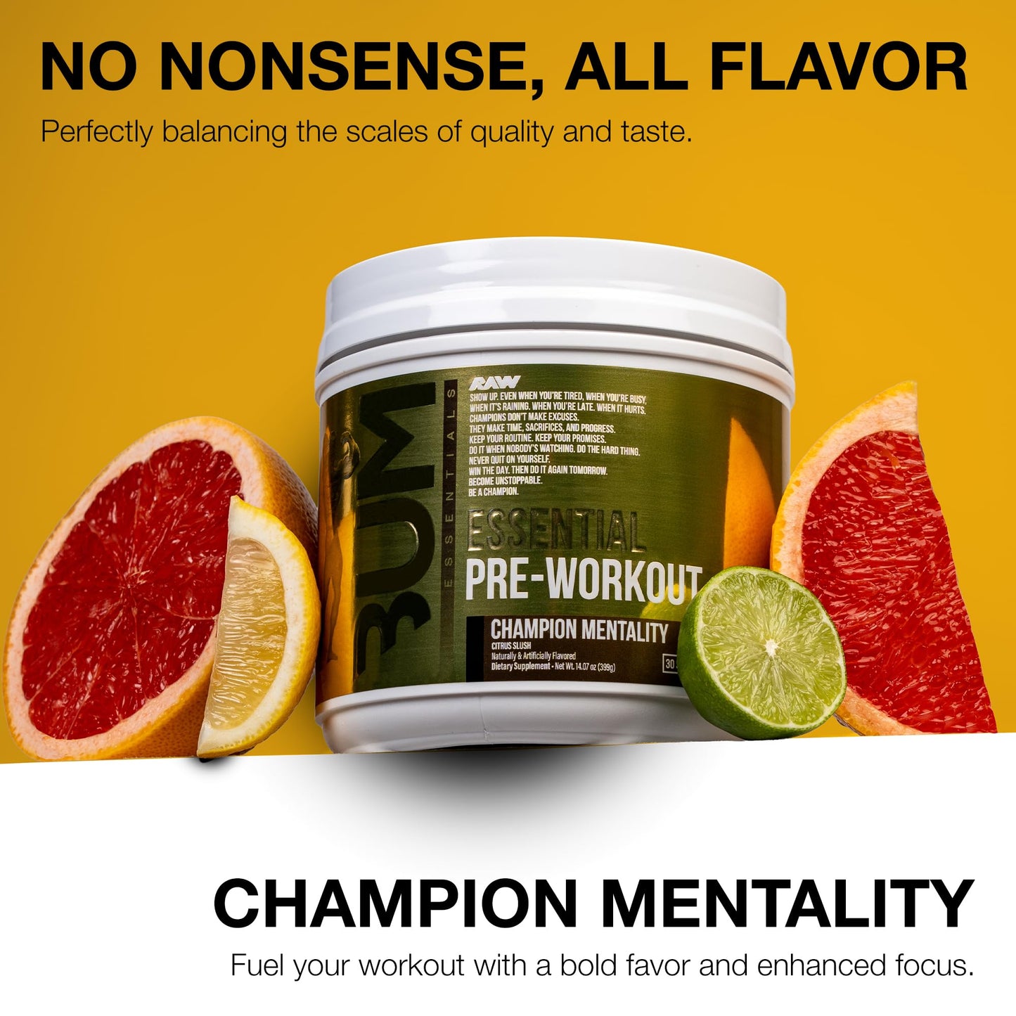 RAW Essential Pre-Workout Powder (Champion Mentality) - Chris Bumstead Sports Nutrition Supplement for Men & Women - Preworkout Energy Powder with Caffein
