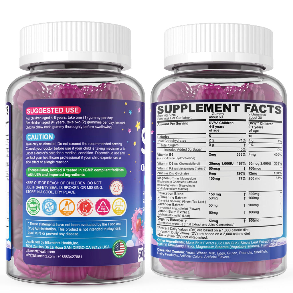 Kids Sleep Gummies, NO Melatonin Sleep Aid Gummies w/ Magnesium Glycinate, Magnesium Malate, L-Theanine, Lavender, B6, Zinc, D3K2 for Restful Sleep, Relax Brain & Muscle, Immune Support, Non-GMO 1Pack ELLAMENTZBuy Supplements Australia