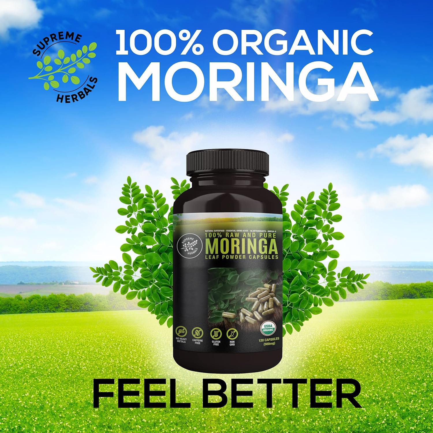 SUPREME HERBALS, 100% Raw and Pure Moringa Leaf Powder Capsules. Organic Certified Moringa Leaf. Natural Superfood with Essential Amino Acids
