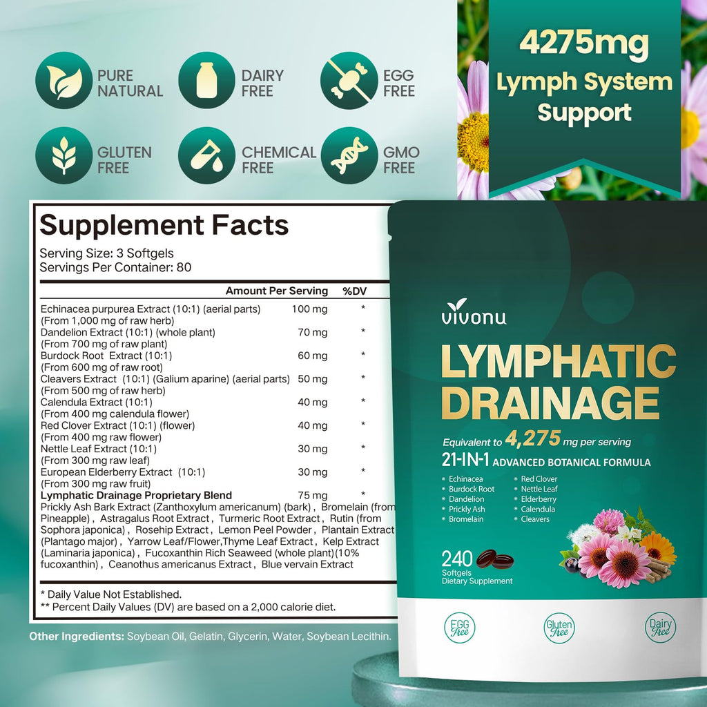 Lymphatic Drainage Supplements, 240 Softgels, Lymph System Support Supplement for Women & Men, 21-in-1 Herbal Blend with Echinacea, Dandelion, Burdock, Bromelain, Calendula, Turmeric & More, 1 Bag VivoNu buy supplements Au
