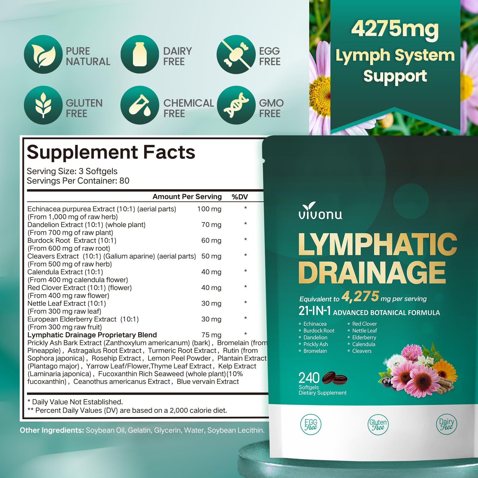 Lymphatic Drainage Supplements, 240 Softgels, Lymph System Support Supplement for Women & Men, 21-in-1 Herbal Blend with Echinacea, Dandelion, Burdock, Bromelain, Calendula, Turmeric & More, 1 Bag VivoNu buy supplements Au