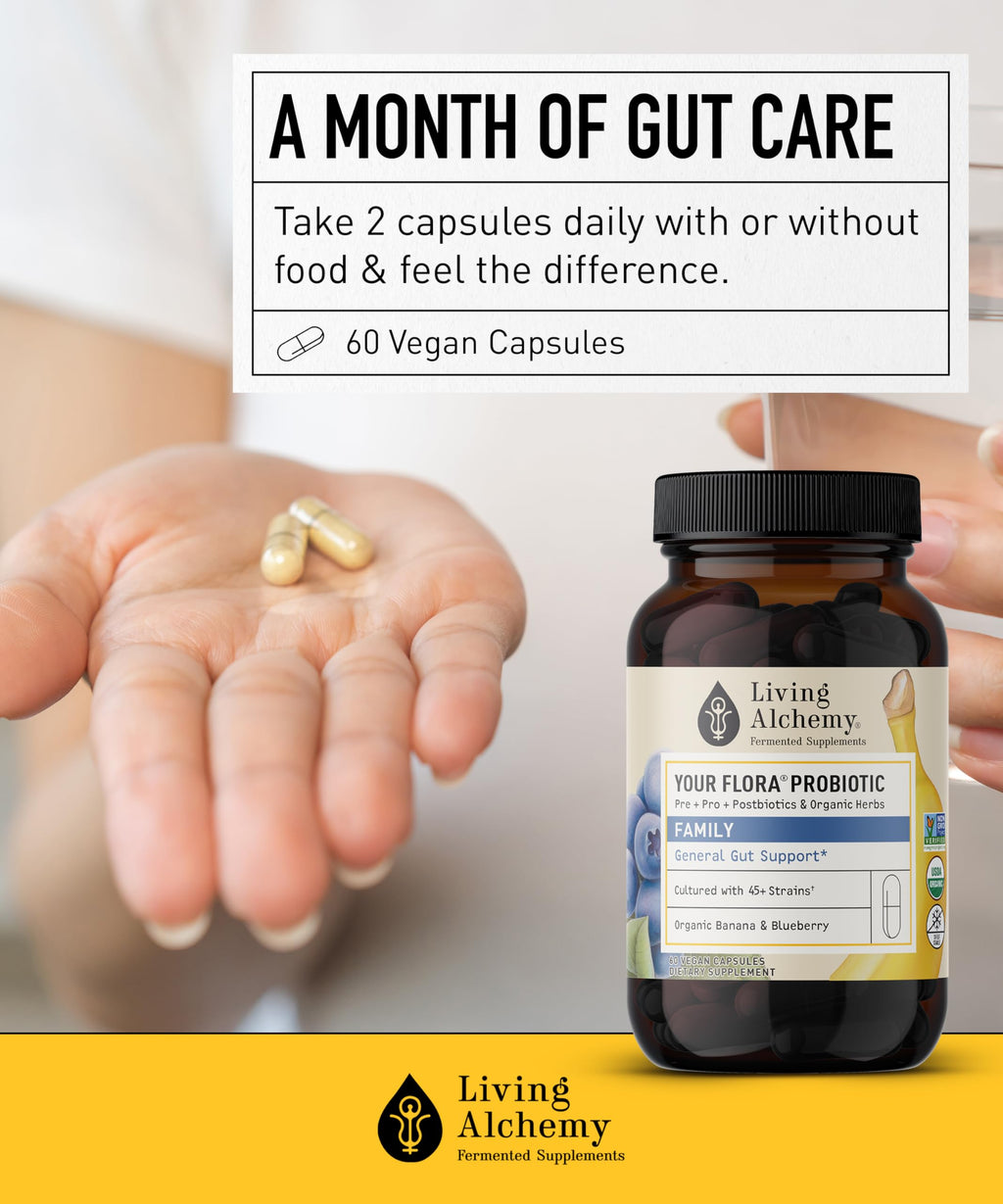 Your Flora Probiotic Family – Non-GMO Probiotics with Fermented Soybean, Banana, & Blueberry for Digestion & Gut Support – Prebiotics, Postbiotics, Digestive Enzymes – Living Alchemy, 60 Capsules Living Alchemy buy supplements Au