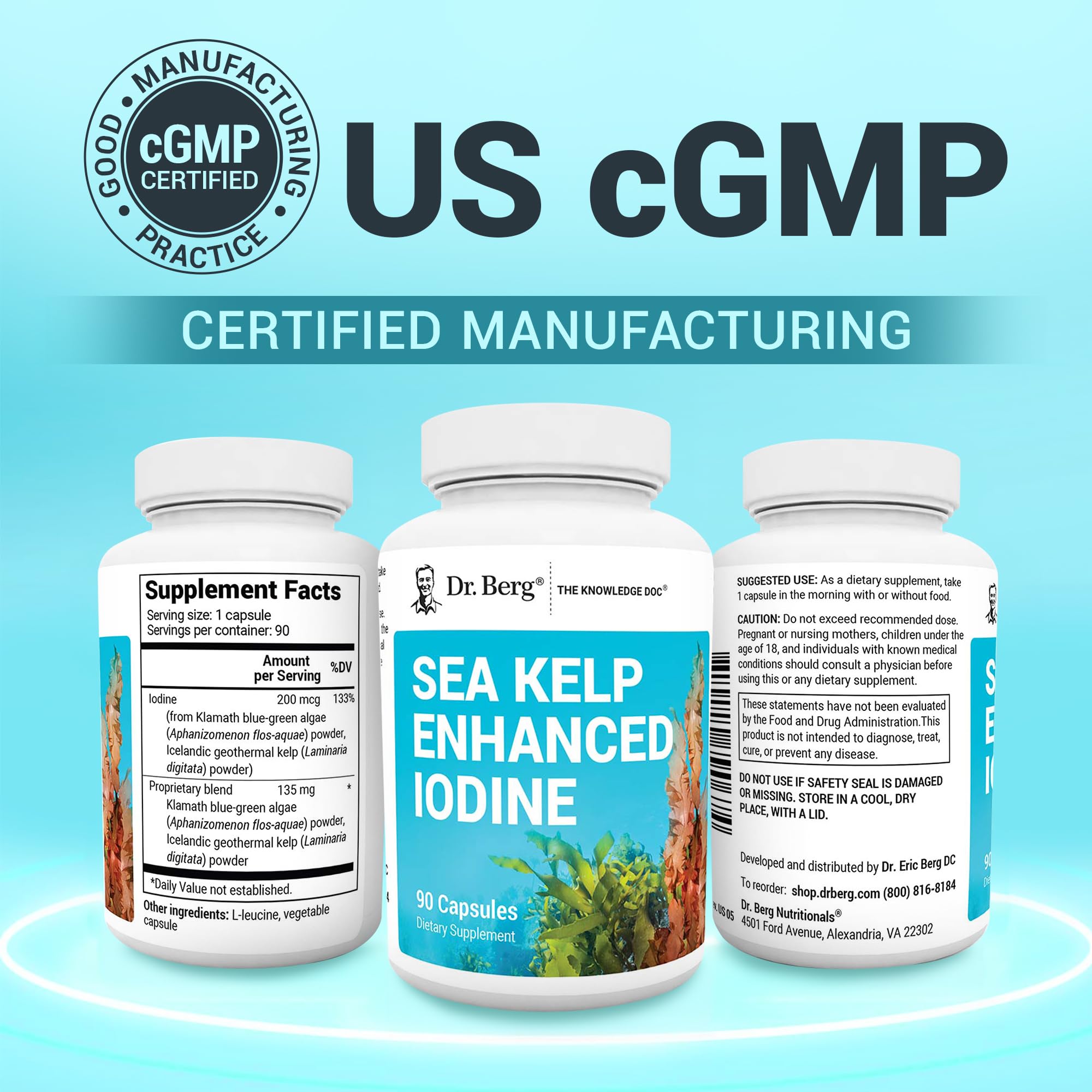 Dr. Berg Sea Kelp Enhanced Iodine - 200 mcg of Premium Iodine - Seaweed Blend Includes Klamath Blue-Green Algae & Sea Kelp - 90 Capsules Dr. Berg NutritionalsBuy Supplements Australia