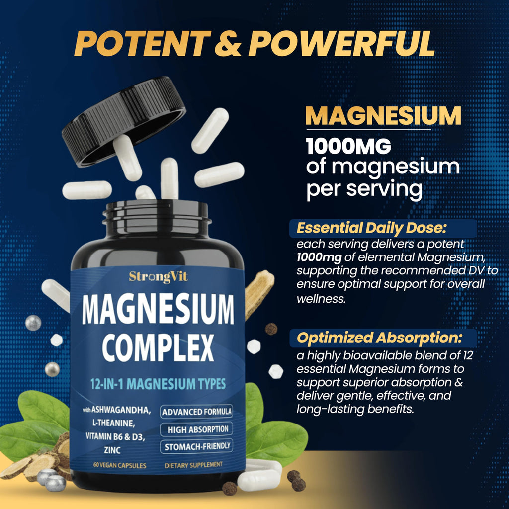 1000mg Magnesium Complex for Women and Men, 12 in 1 Magnesium Supplement with Ashwagandha, Zinc, D3, L-theanine. Easy to Swallow, High Absorption, Sleep Support & Stress Relief (60 Capsules) StrongVit buy supplements Au