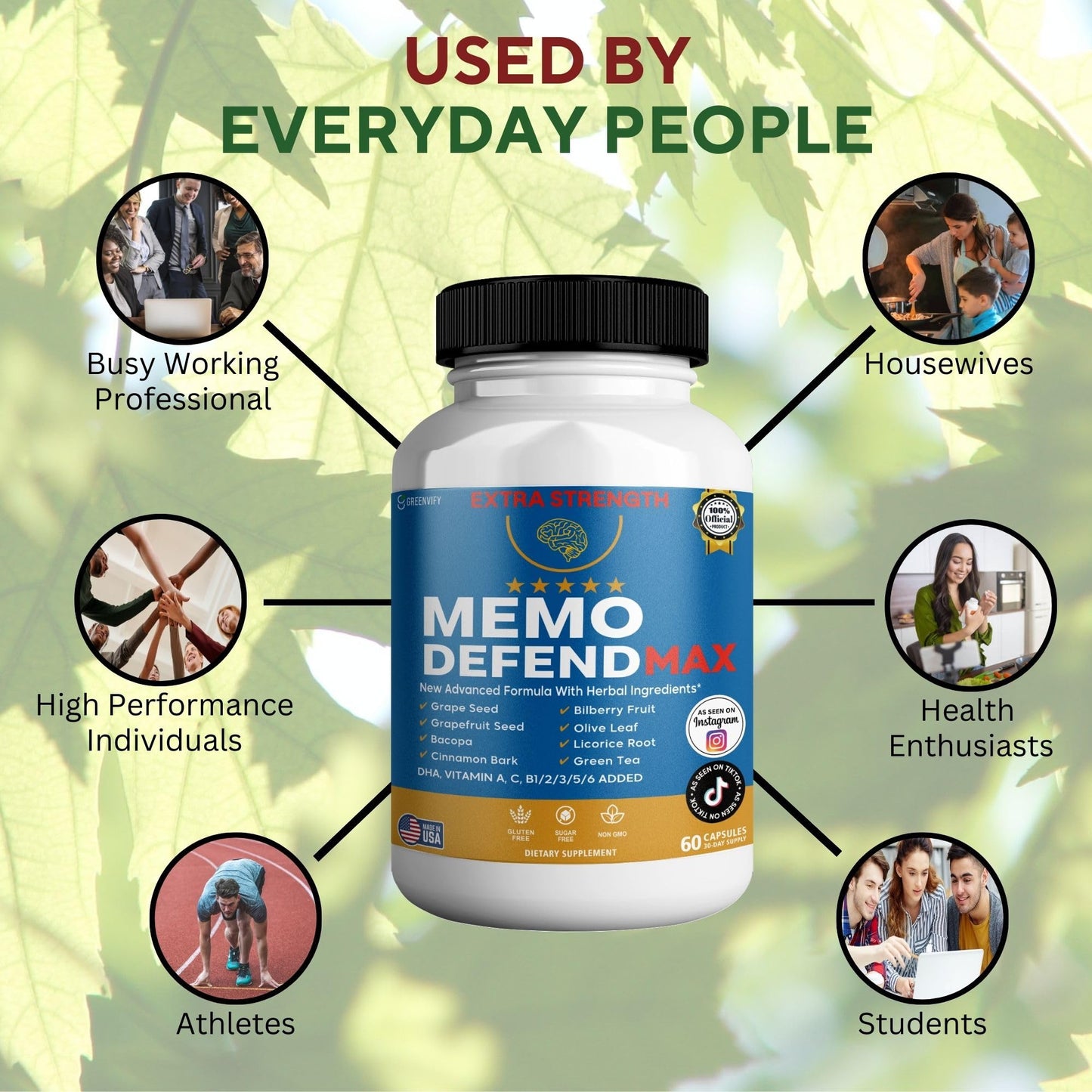 Memo Defend Max Memory Support Supplement, 60 Capsules, with Vitamins A C D E B Complex, DHA, Bacopa, Grapefruit Seed (1) GREENVIFY buy supplements Au