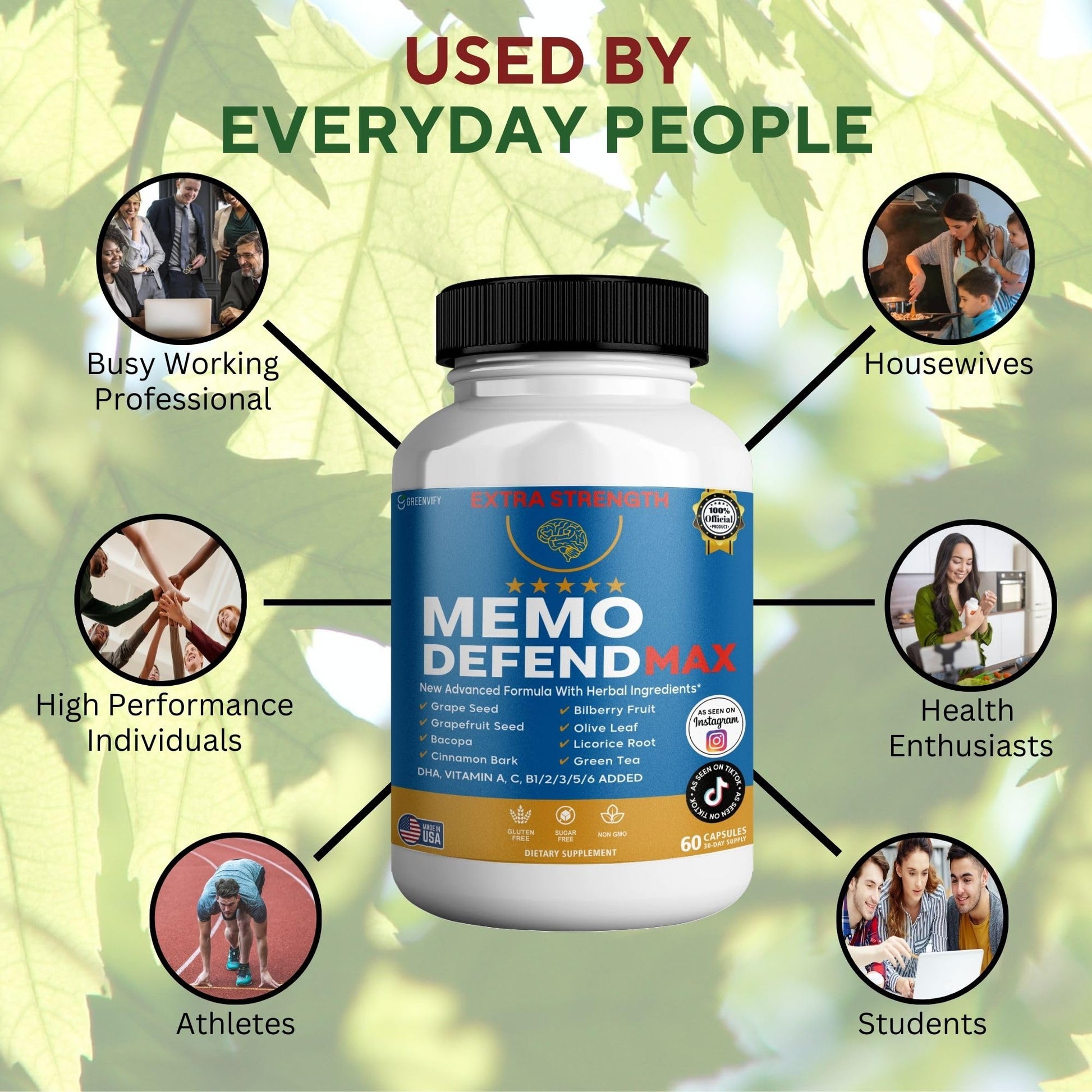 Memo Defend Max Memory Support Supplement, 60 Capsules, with Vitamins A C D E B Complex, DHA, Bacopa, Grapefruit Seed (1) GREENVIFY buy supplements Au