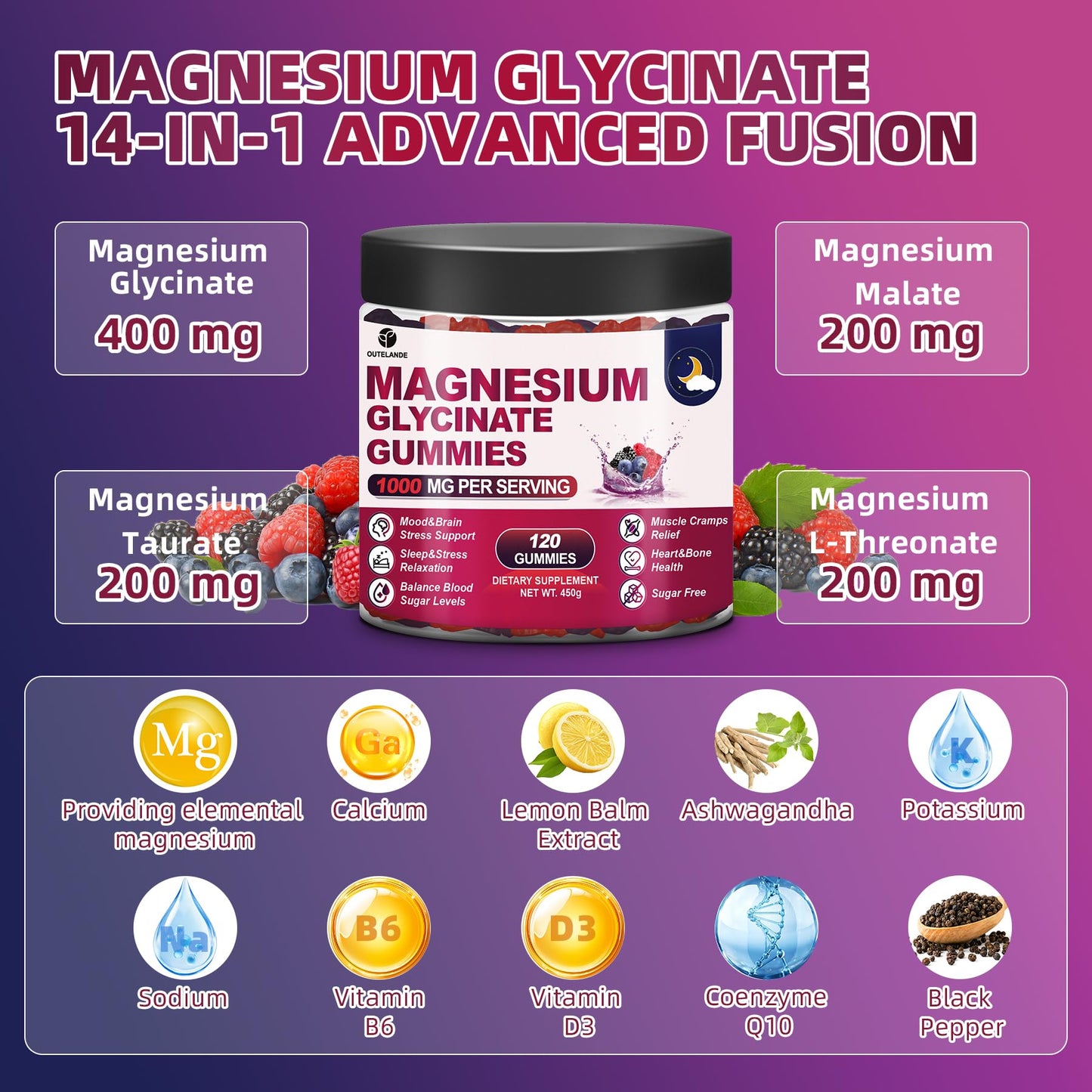 120 CT Magnesium Glycinate Gummies 1000 mg for Women and Men, Magnesium Malate & Taurate Supplements for Sleep, Body Support and Relaxation, Sugar Free