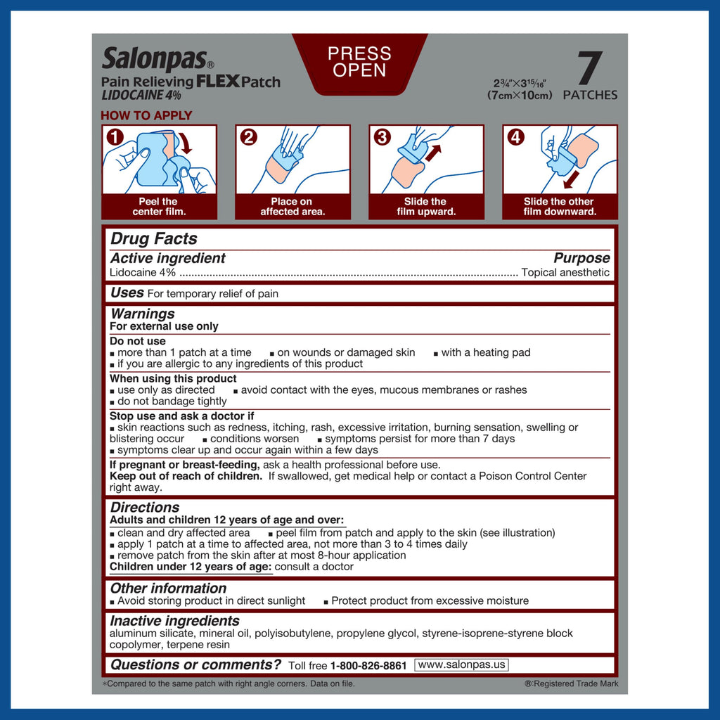 Salonpas Maximum OTC Strength Lidocaine 4% Pain Relieving Flex Patch, Apply for Up to 8 Hours, Unscented, Thin, Flexible, Lightweight, Patch Stays in Place, 7 Patches SalonpasBuy Supplements Australia