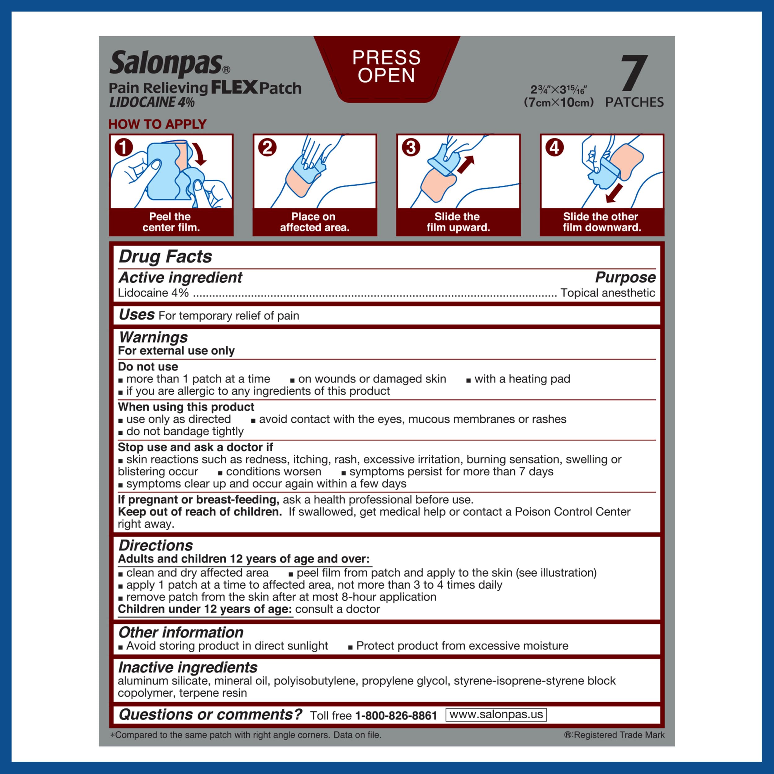 Salonpas Maximum OTC Strength Lidocaine 4% Pain Relieving Flex Patch, Apply for Up to 8 Hours, Unscented, Thin, Flexible, Lightweight, Patch Stays in Place, 7 Patches SalonpasBuy Supplements Australia