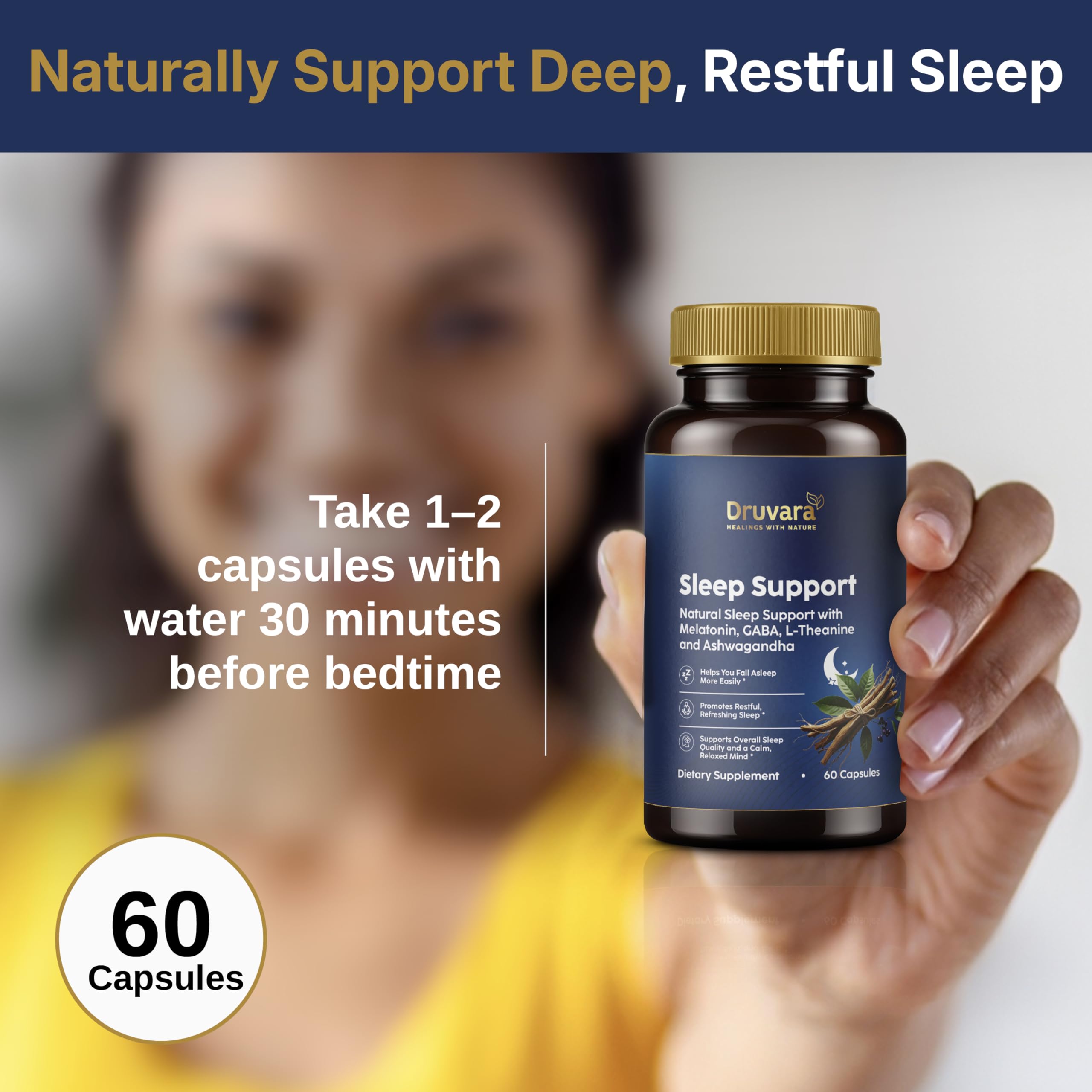 Druvara Natural Sleep Aid for Adults with Melatonin, GABA, L-Theanine & Ashwagandha, Natural Sleep Supplement for Deep, Restful Sleep - 60 Capsules DruvaraBuy Supplements Australia
