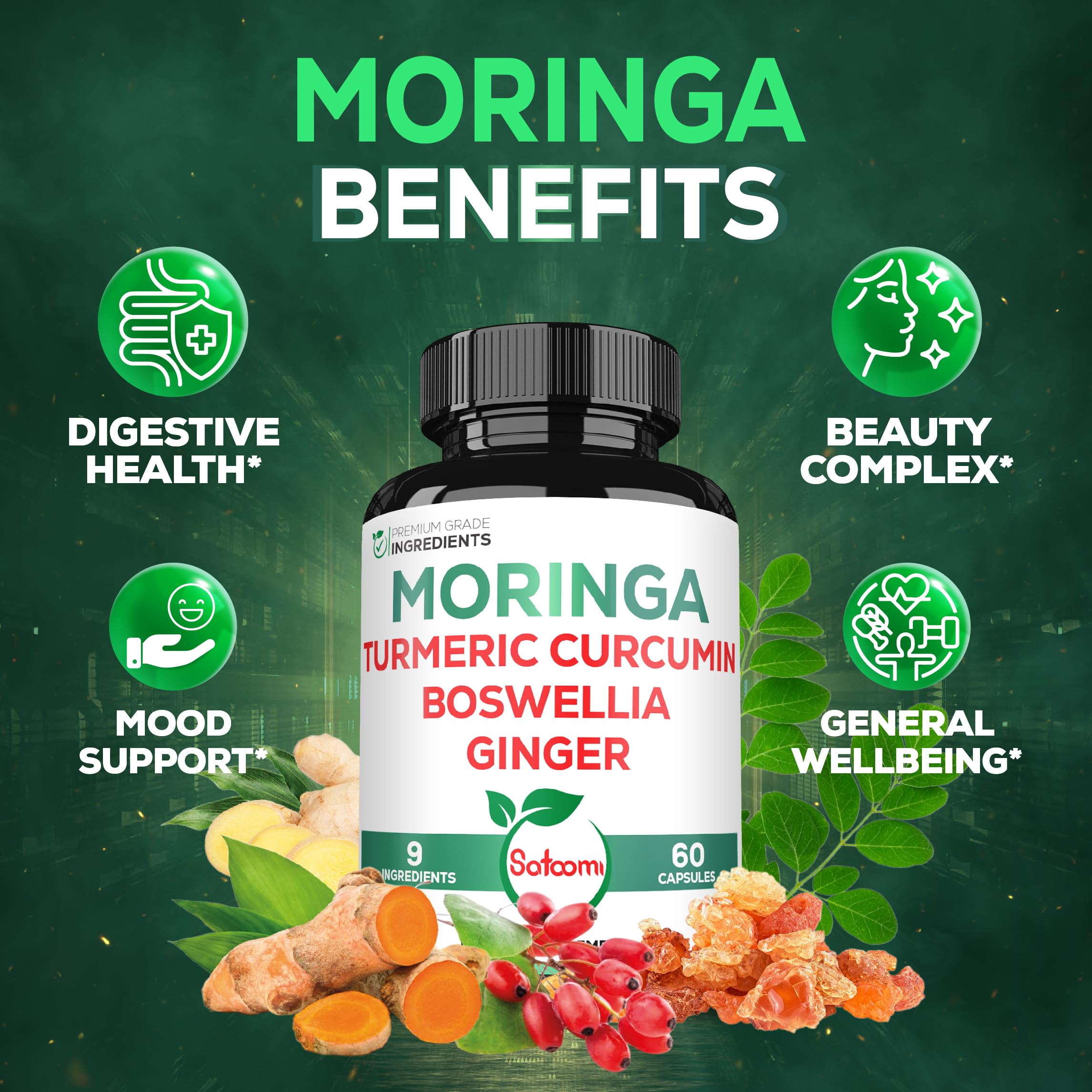 Satoomi 9in1 Moringa Capsules - Featuring Moringa, Turmeric, Boswellia, Ginger, Ashwagandha, Ceylon Cinnamon and Milk Thistle, and Resveratrol | Support Mood, Heart & Overall Health - 60 Count Satoomi buy supplements Au