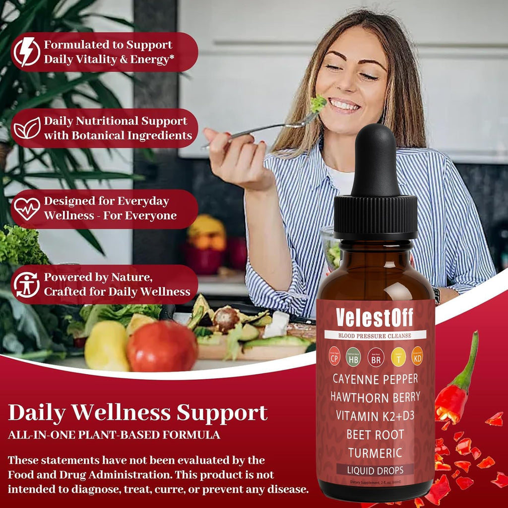 Velestoff Cayenne Pepper | Cayenne Heart & Circulation Blend – Botanical Extracts with Hawthorn, Beet Root, Turmeric, Vitamin K2 & D3 – Daily Wellness Drops (2 fl oz) (1) DFTLUUE buy supplements Au