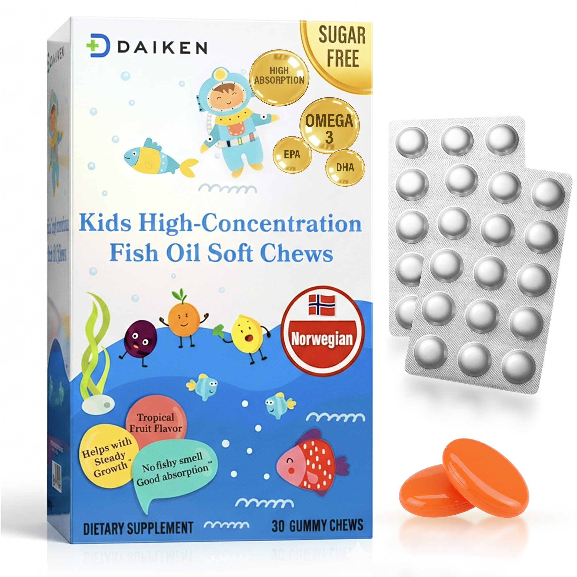 DAIKEN High Concentration Kids Fish Oil Omega-3 Gummies, No Sugar Added, Individually Wrapped, 300 mg Omega-3 (DHA & EPA) with Vitamin D3 for Kid, 30 Count, Tropical Fruit Flavor, Norwegian Sourced DAIKENBuy Supplements Australia