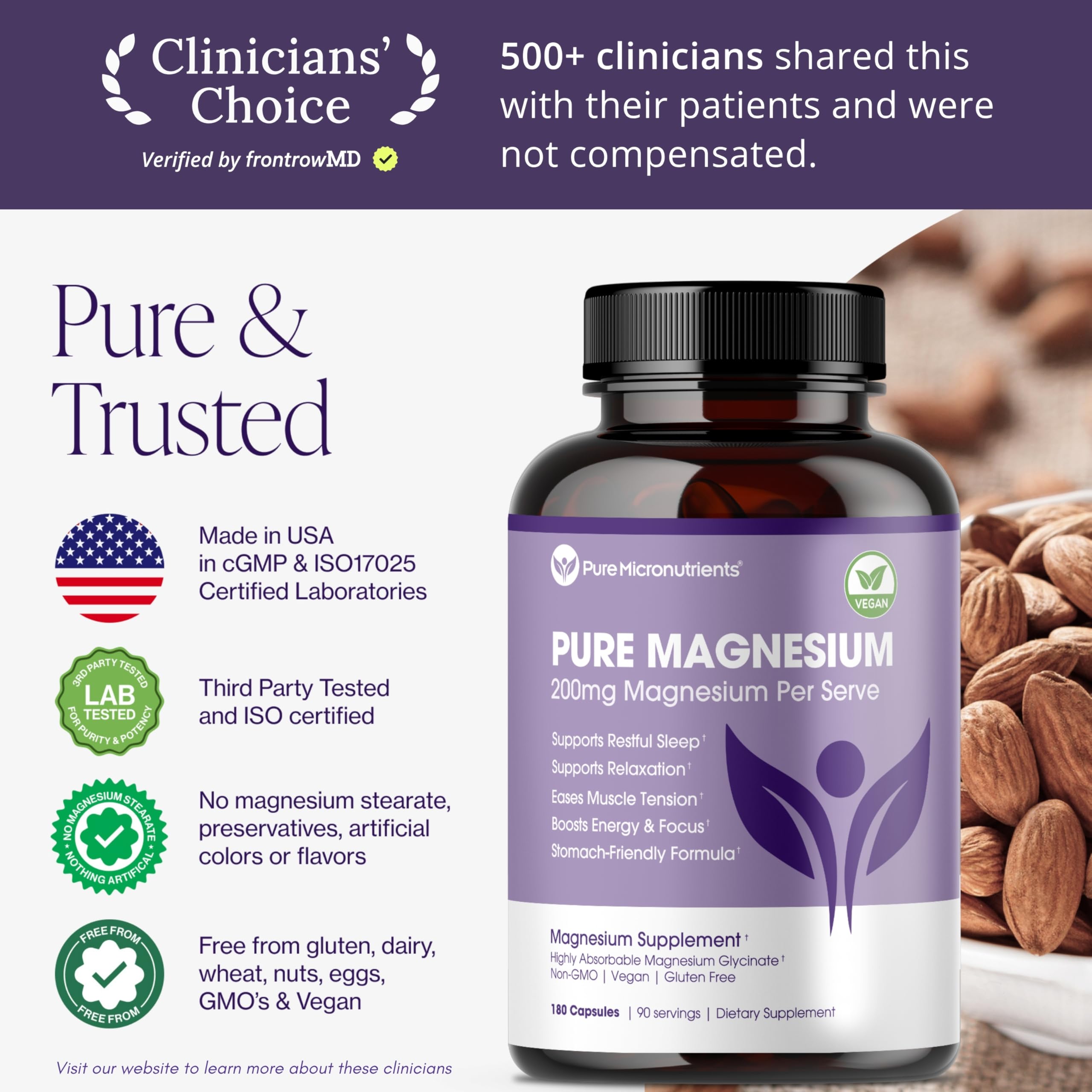 Pure Magnesium Glycinate Supplement – Highly Absorbable Chelated Magnesium to Support Sleep, Muscle & Nerve Health, Energy, Relaxation & Bone Health – 200mg Per Serving, 180 Capsules Pure MicronutrientsBuy Supplements Australia