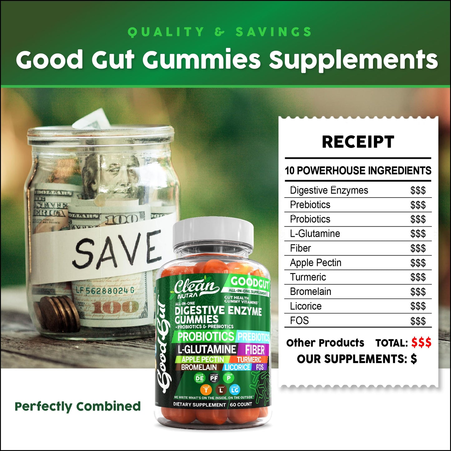 Clean Nutraceuticals Digestive Enzymes with Probiotics & Prebiotics for Digestive Health Gummies & L-Glutamine for Gut Health Bromelain Apple Pectin Inulin FOS Plant