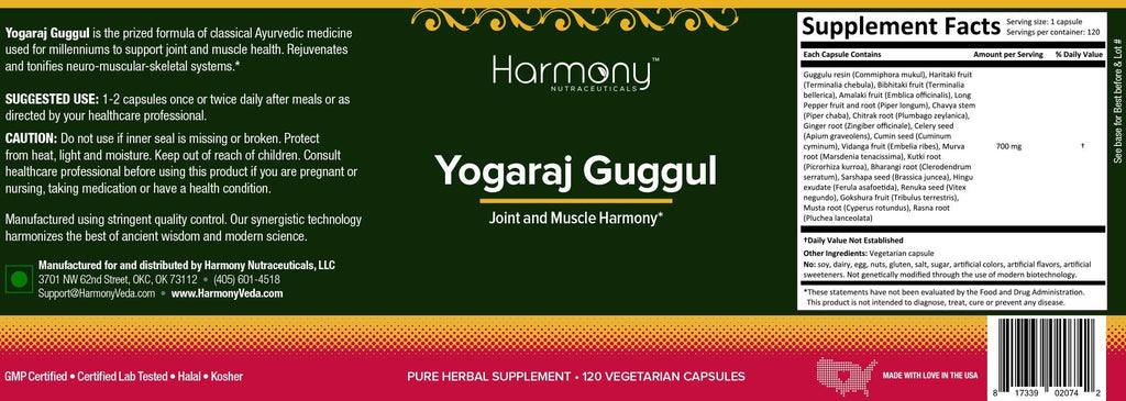 Harmony Nutraceuticals Yogaraj Guggulu - Organic - 120 Capsules - Ayurvedic Herbs for Pain in The Muscles, Nerves & Joints Harmony NutraceuticalsBuy Supplements Australia