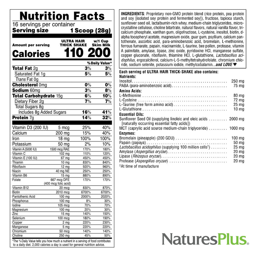 NaturesPlus Ultra Hair Thick Shake - 1 lb - French Vanilla Flavor - Hair Protein Powder for Healthy Growth - With Biotin & Amino Acids - Non-GMO, Gluten-Free - 16 Servings NaturesPlusBuy Supplements Australia