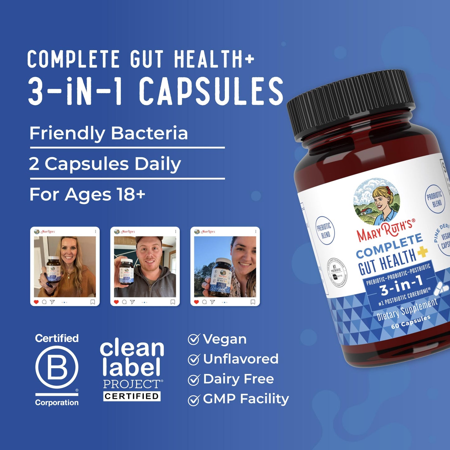 MARYRUTH'S Complete Gut Health+ Capsules | 5 Probiotic Blend | Butyrate | Corebiome® | Vegan Gut Support | Support Gastrointestinal Health & Microbiome
