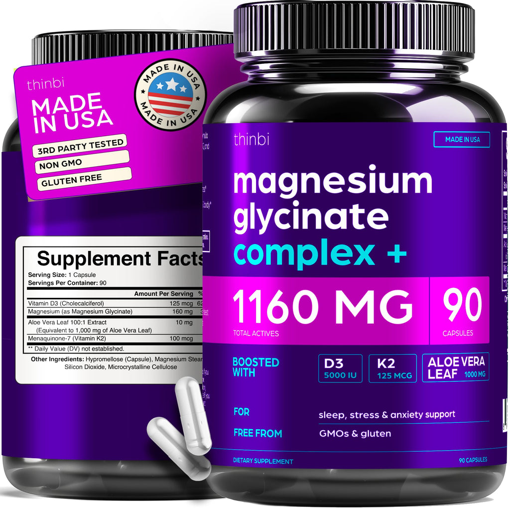 Magnesium Glycinate 1160mg + Aloe Vera, D3 & K2 Complex 90 Capsules - High Absorption, Non-Laxative - Supports, Muscle Function & Healthy Metabolism Chelated Formula ThinbiBuy Supplements Australia