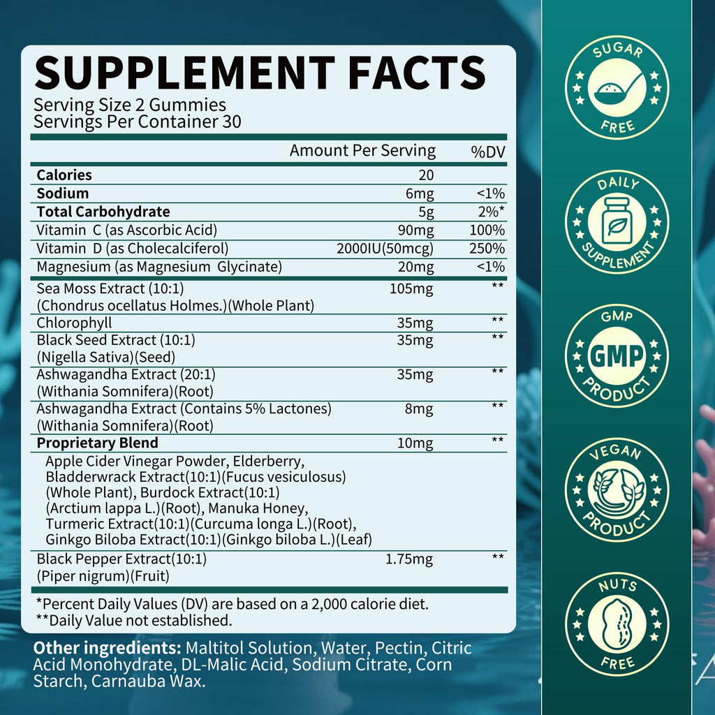 Sea Moss Gummies with Ashwagandha & Chlorophyll, Immune, Digestive and Gut Detox Support, Powered by Black Seed Oil, Vitamin C, Vitamin D & Magnesium, GMO, Vegan, Apple Flavor, 60 SeaMoss Gummies B BEWORTHSBuy Supplements Australia