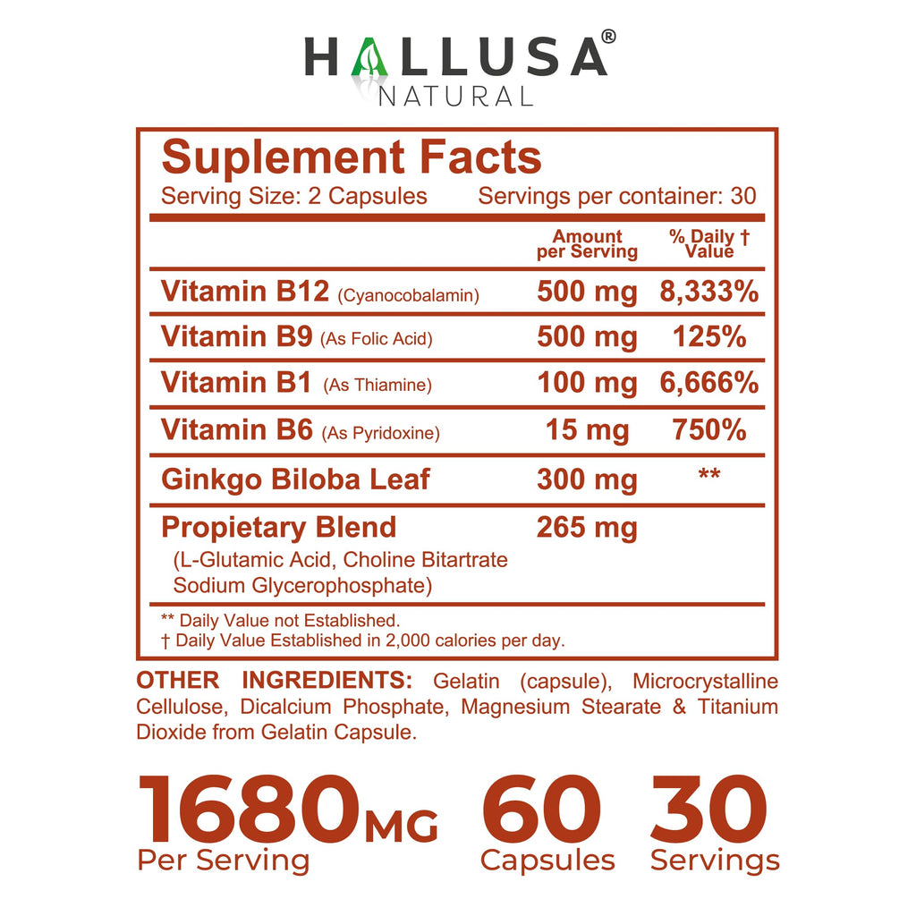 Hallusa Natural Brain Health Supplement Capsules 1680mg, Ginkgo Biloba, B Vitamins & Choline, Memory & Focus Support, Brain Booster for Men & Women, 60 Count Hallusa NaturalBuy Supplements Australia