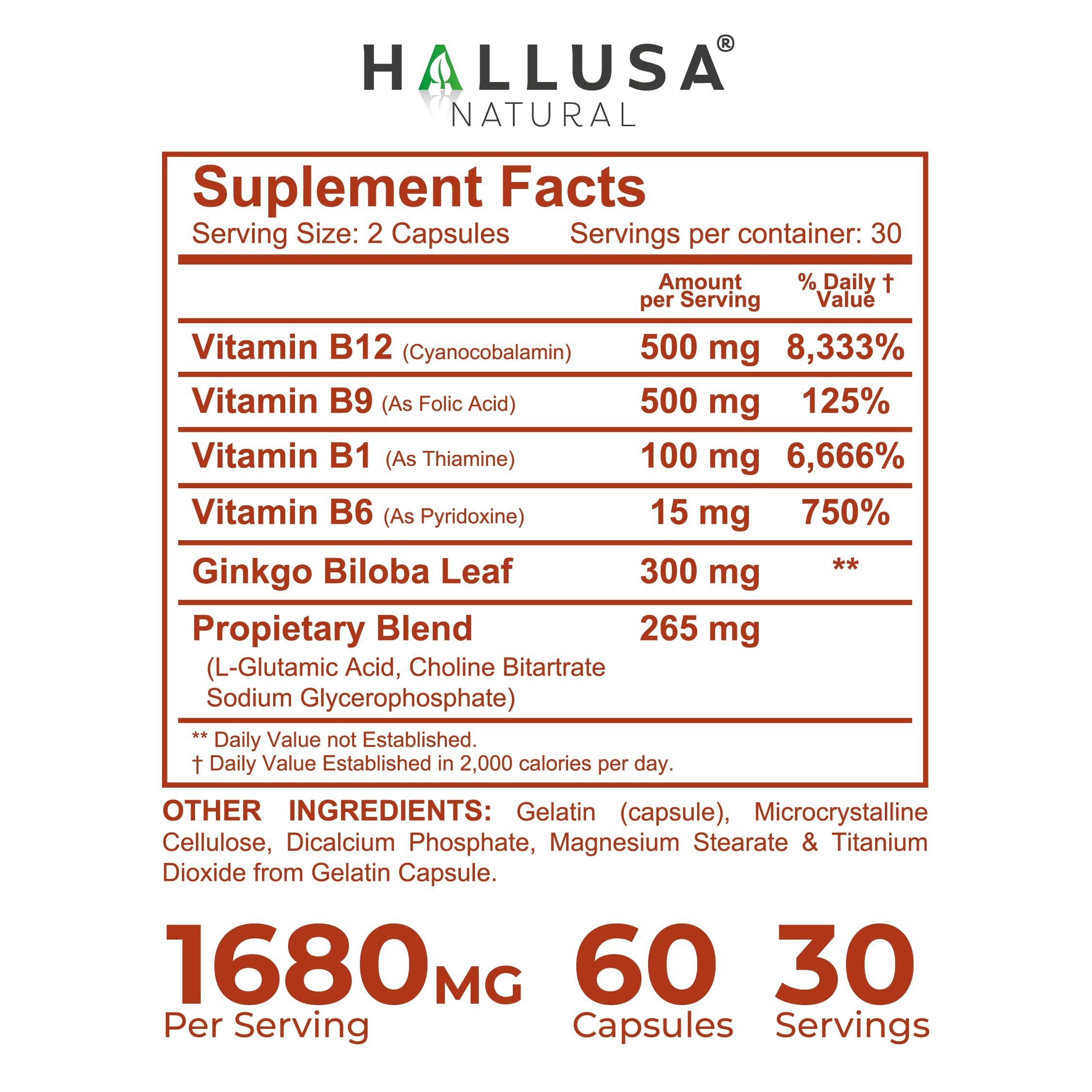 Hallusa Natural Brain Health Supplement Capsules 1680mg, Ginkgo Biloba, B Vitamins & Choline, Memory & Focus Support, Brain Booster for Men & Women, 60 Count Hallusa NaturalBuy Supplements Australia