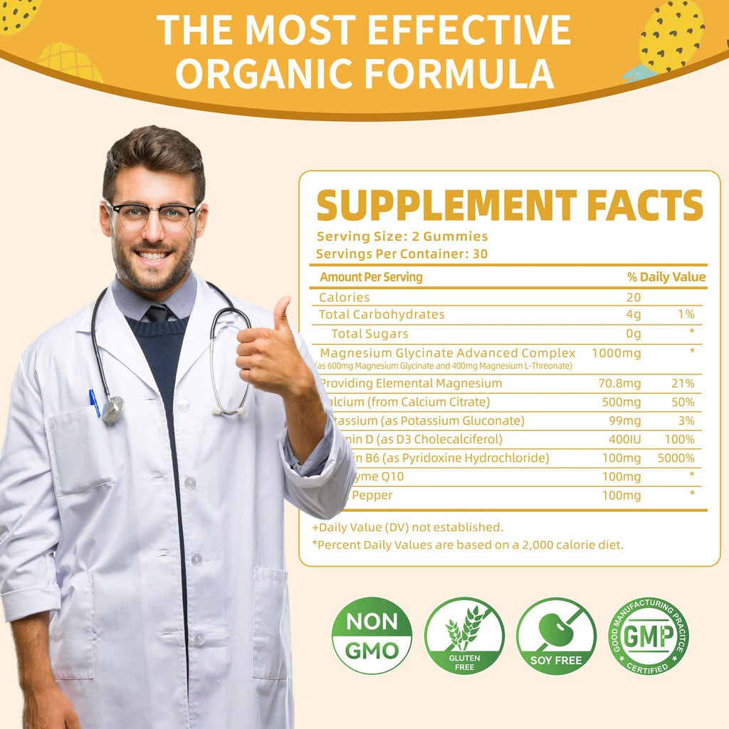 Magnesium Glycinate Gummies 1000mg - Sugar Free Magnesium Potassium Supplement with Vitamin D, B6, CoQ10 for Calm Mood & Sleep Support - 60 Pineapple Gummies -1 Pack Natures AidBuy Supplements Australia