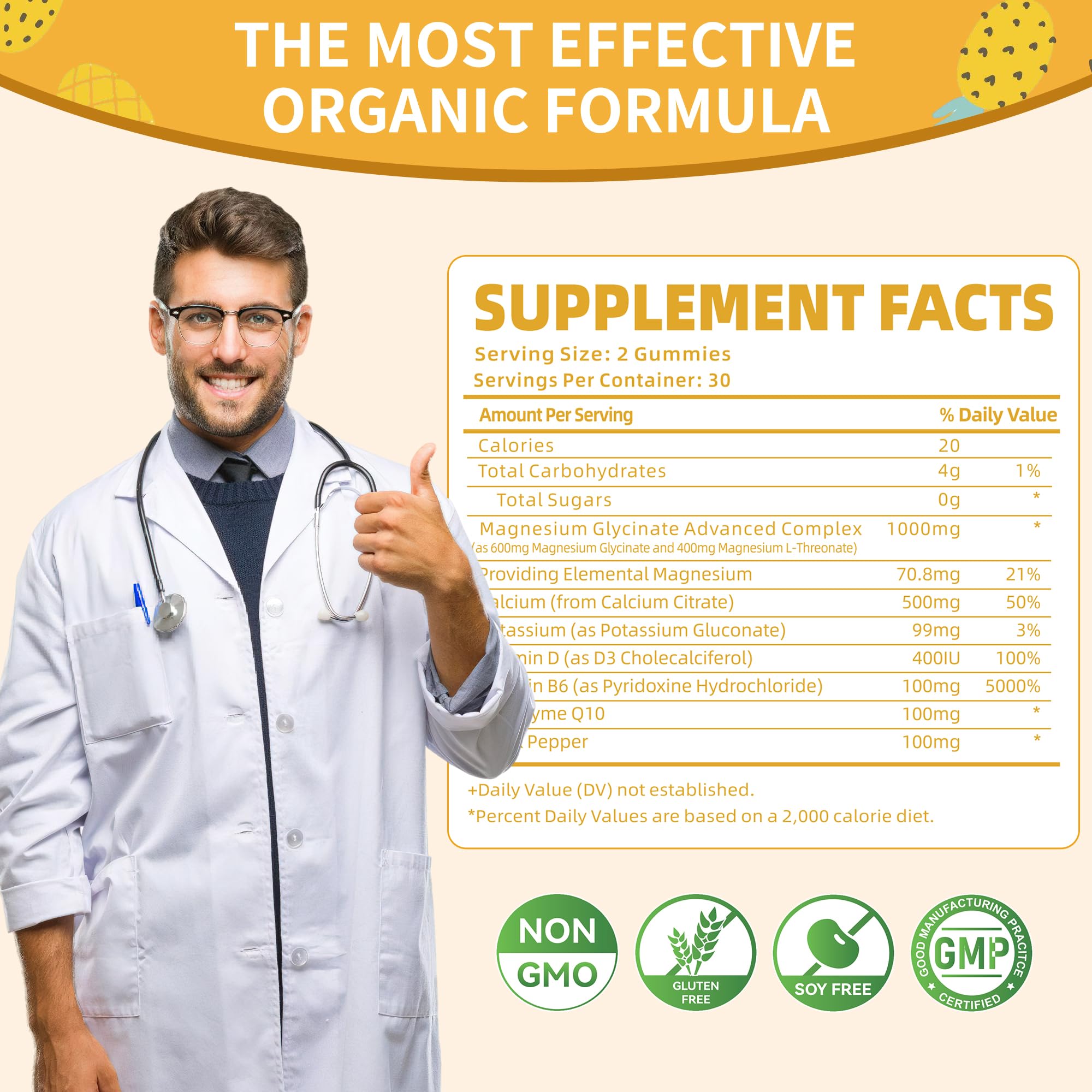 Magnesium Glycinate Gummies 1000mg - Sugar Free Magnesium Potassium Supplement with Vitamin D, B6, CoQ10 for Calm Mood & Sleep Support - 60 Pineapple Gummies -1 Pack Natures AidBuy Supplements Australia