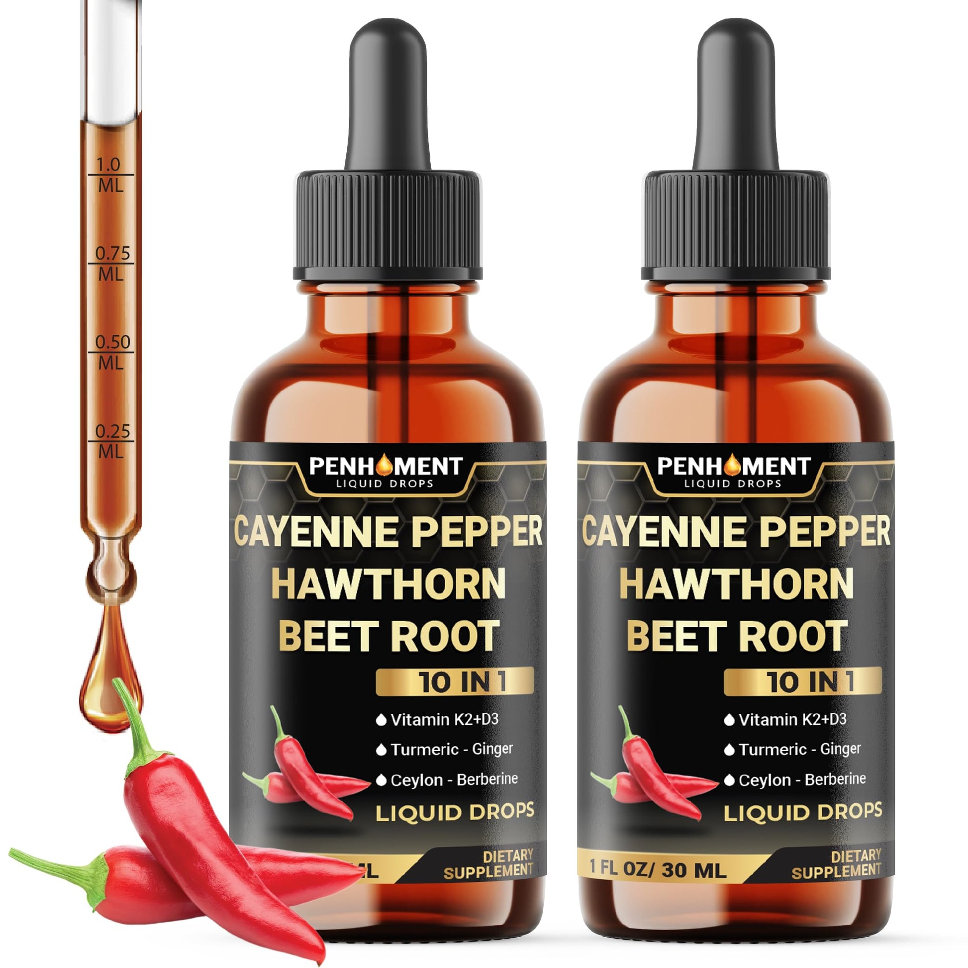 Two bottles of Penhoment Cayenne Pepper Hawthorn Beet Root liquid drops with a dropper and peppers on a white background.