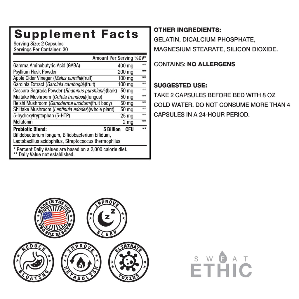 Sweat Ethic Pure & Lean Detox, Natural Nighttime Support with GABA, 5 HTP, Melatonin, Probiotics & Herbal Extracts, Supports Evening Routine and Digestion, Dietary Supplement