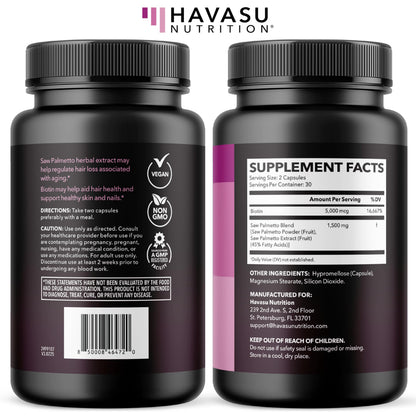 Saw Palmetto for Women with Biotin 5000mcg - Powerful DHT Blocker to Support Hair, Skin, and Nail Health - 60 Count - Vegan, Non-GMO Vitamin for Stronger,