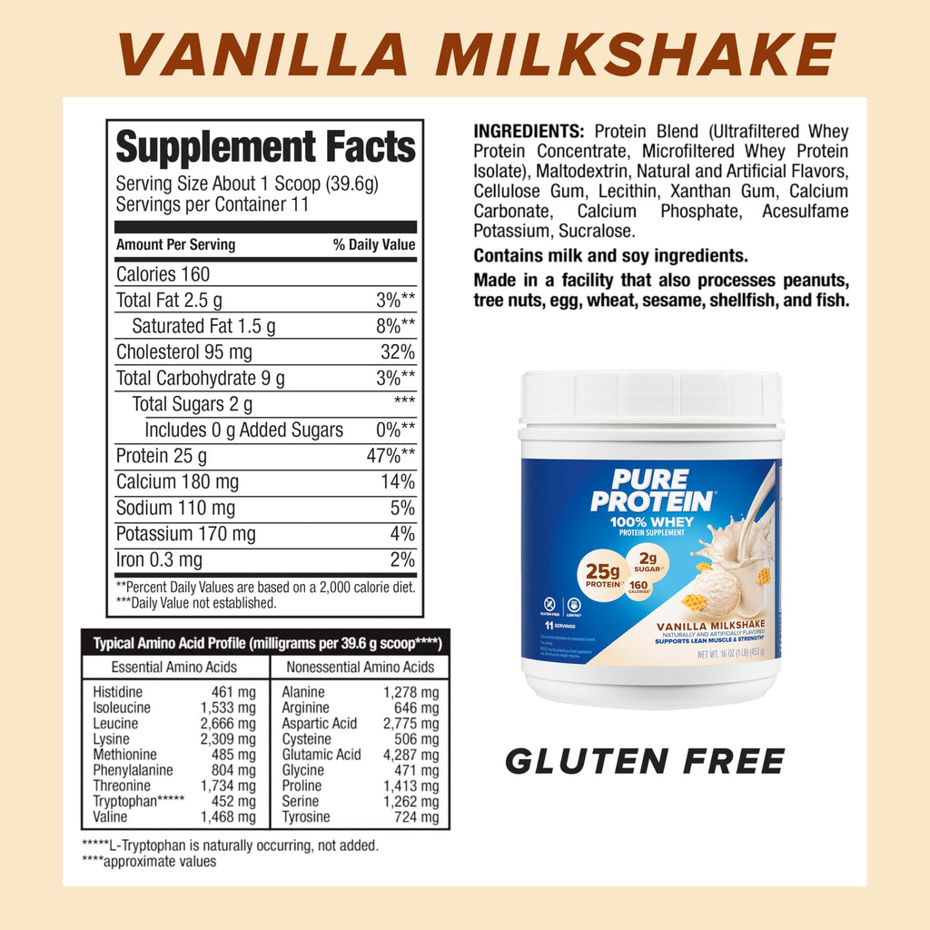 Pure Protein Powder, Whey, High Protein, Low Sugar, Gluten Free, Vanilla Cream, 1 lb