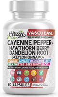 Supplement bottle labeled 'Vascu Ease' with various health benefits listed on a white background.