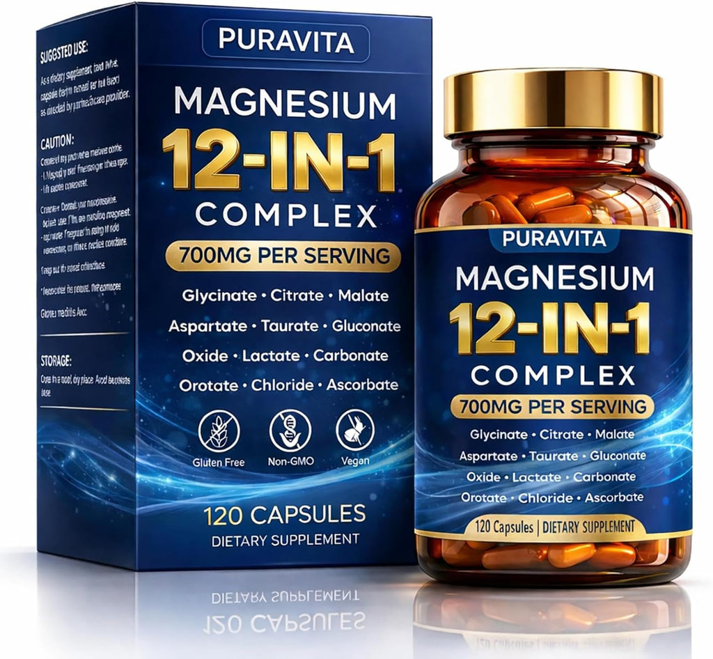 Puravita Magnesium 12-in-1 Complex supplement bottle and packaging on a white background