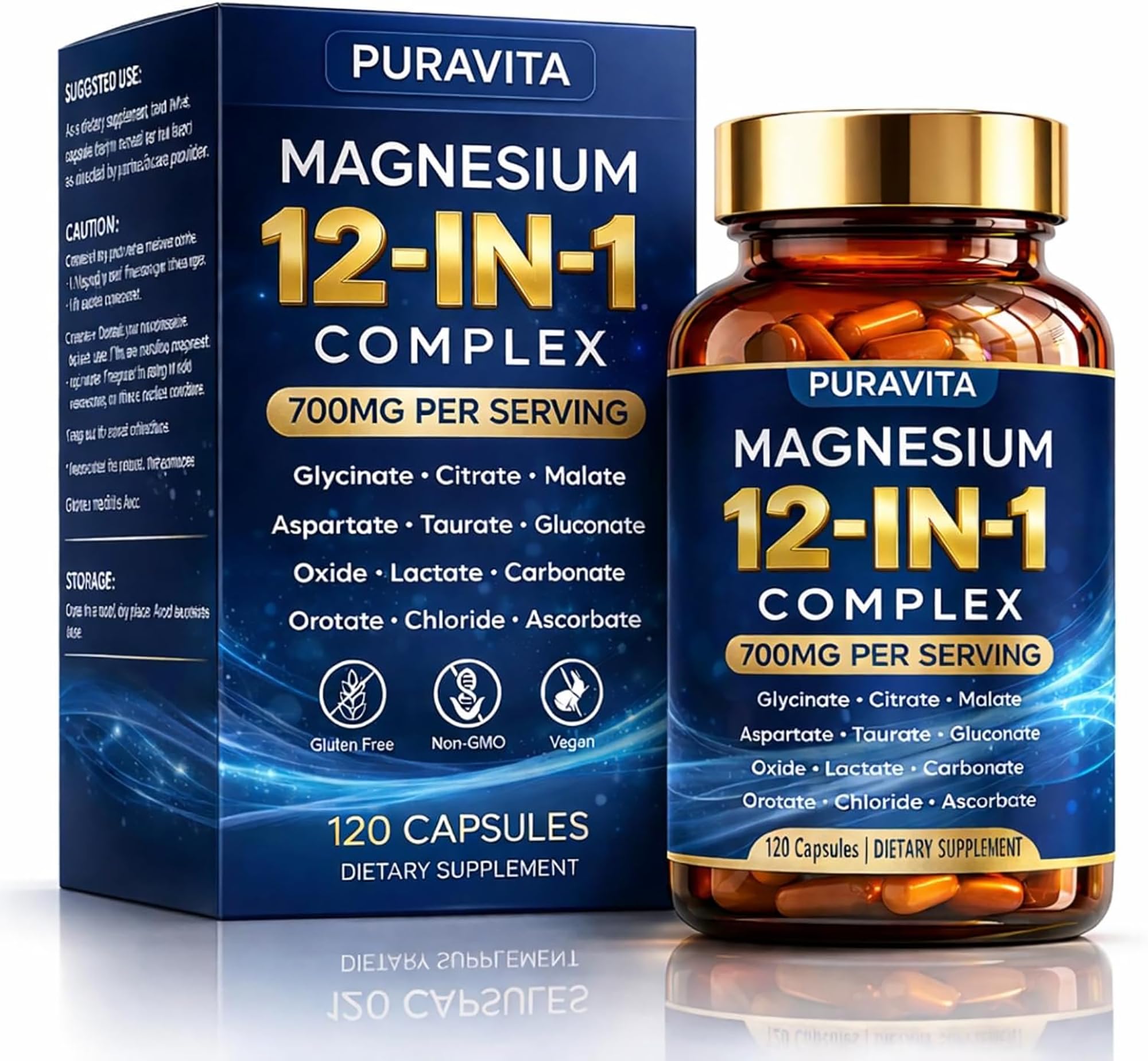 Puravita Magnesium 12-in-1 Complex supplement bottle and packaging on a white background