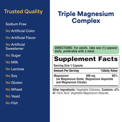 Puritan's Pride Triple Magnesium Complex with Magnesium Oxide, Aspartate, and Citrate 400mg, Dietary Supplement for Muscle, Heart, Nerve, and Bone Support, 120 Rapid Release Capsules Puritan's Pride buy supplements Au