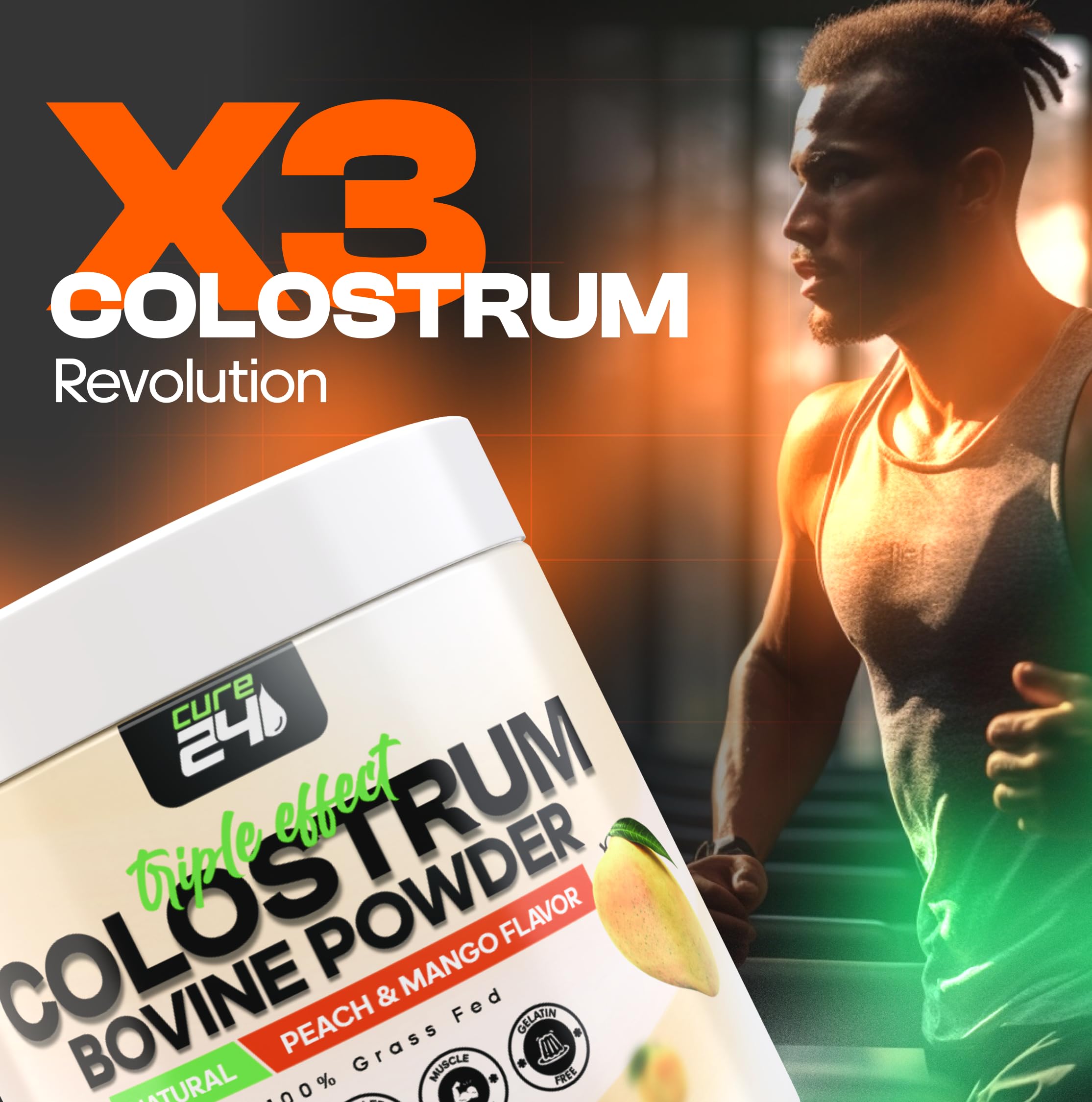 Cure24 Bovine X3 Colostrum Supplement Powder for Humans, 100% Pure Whole Natural Grass Fed Superfood, High IgG, Plus Probiotic & Prebiotic, Natural Peach-Mango Flavor, Made in USA Cure24 buy supplements Au