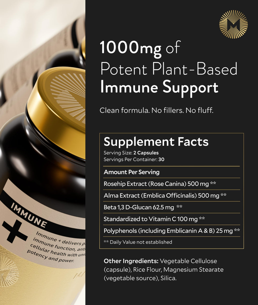 Manna Immune+ Capsules | 500mg Amla Extract & 500mg Rosehip Extract | Vitamin C Supplement for Immune Boost, Antioxidants, Heart Health, Digestion & Immune System Support | For Daily Use | 60 Count M MannaBuy Supplements Australia