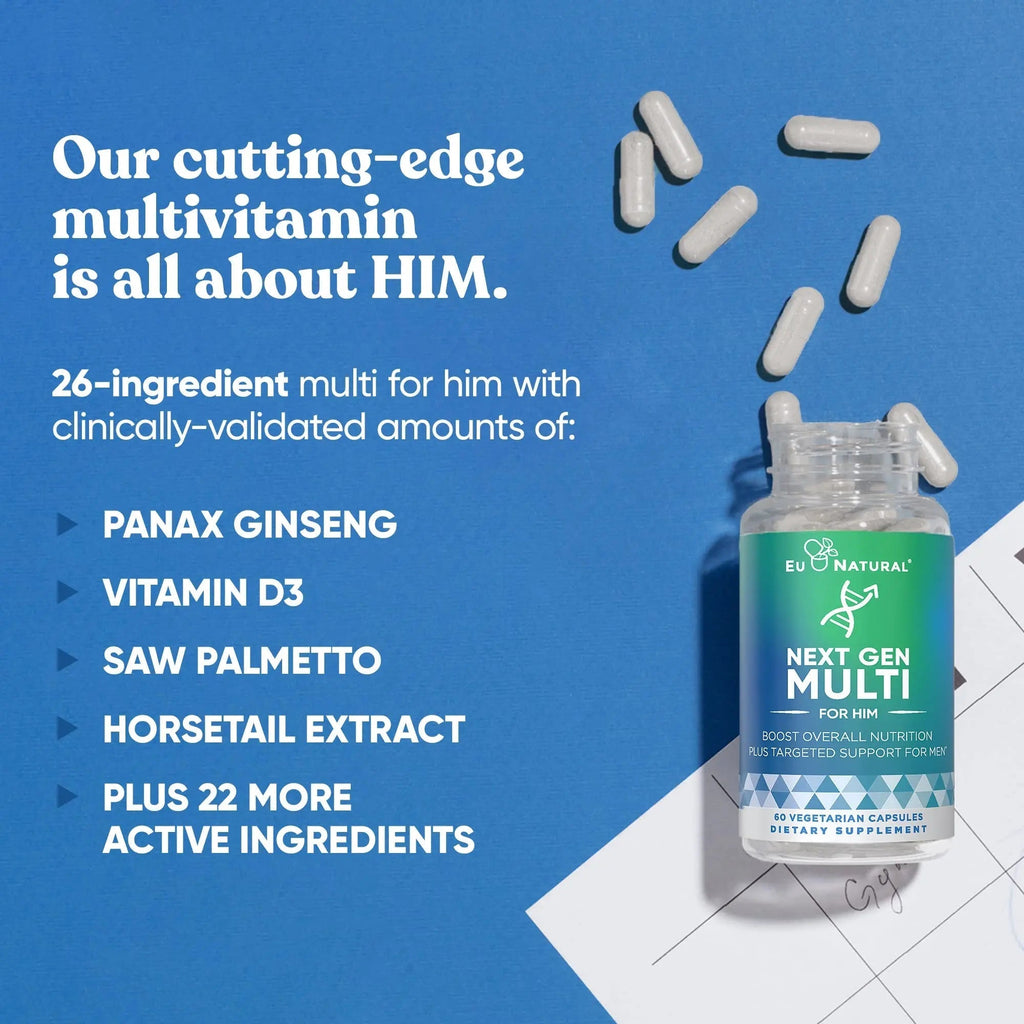 Next Gen Multi for Him Advanced Men’s Multivitamin Supplement – 26-in-1 Multiblend for Beard & Hair Growth, Men’s Reproductive Health Eu Natural