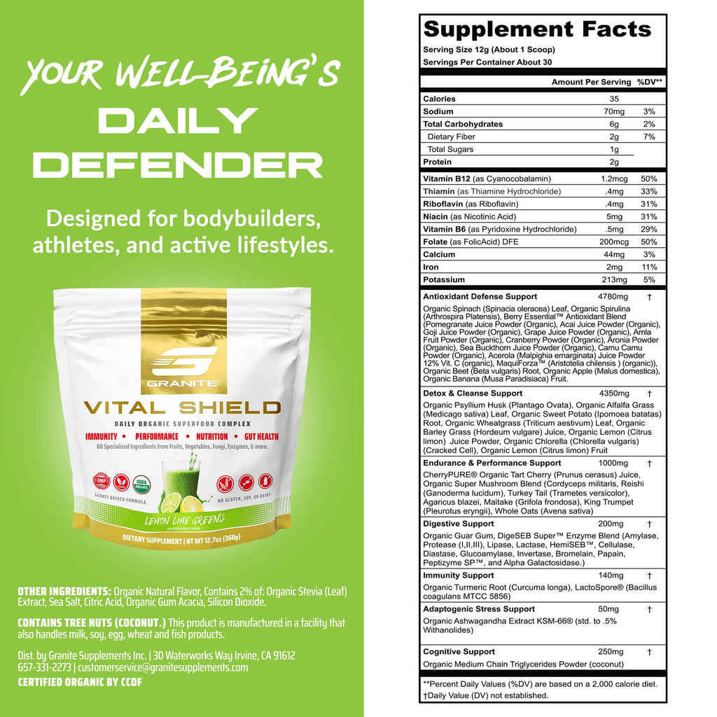 Granite Nutrition Vital Shield - USDA Organic Superfood Greens with Mushrooms & Tart Cherry – Supports Energy, Immune Function & Digestive Health – Lemon Lime Flavor (30 Servings) Granite SupplementsBuy Supplements Australia