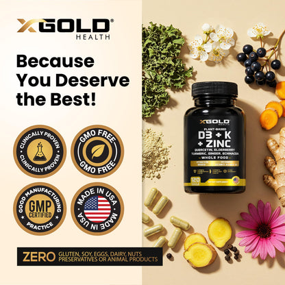 Vitamin D, K2, K1, Zinc, Quercetin, Elderberry, Turmeric, Ginger & Echinacea Whole Food Supplement 8 in 1- D3 5000 IU Plant-Based from Lichen, Vitamin K (K2 MK7, MK4, K1), D3 K2 Vitamins -120 Capsules X Gold Health buy supplements Au