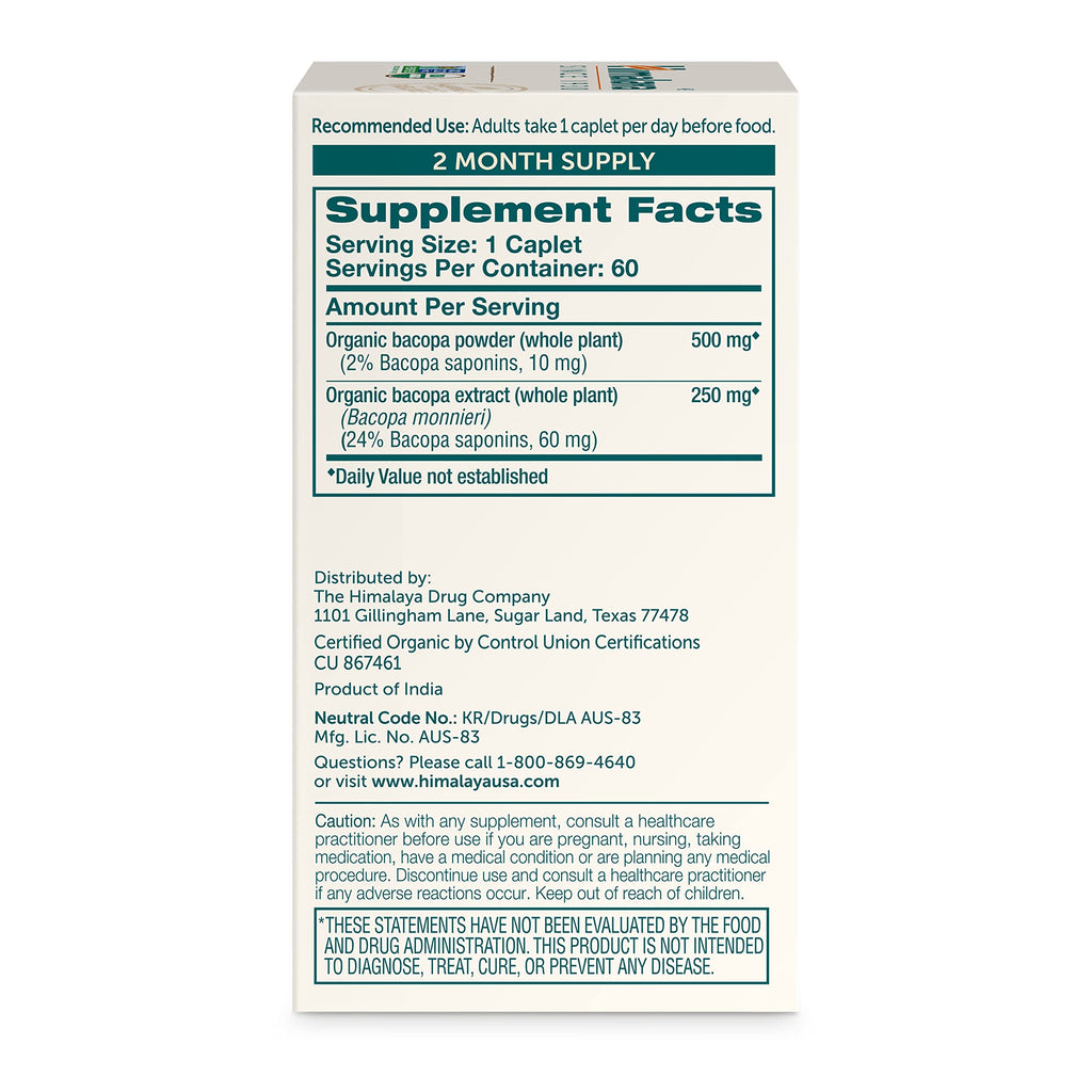 Himalaya Organic Bacopa Monnieri Nootropic Herbal Supplement, Supports Calm, Memory, Cognition, USDA Certified Organic, Non-GMO, 750 mg