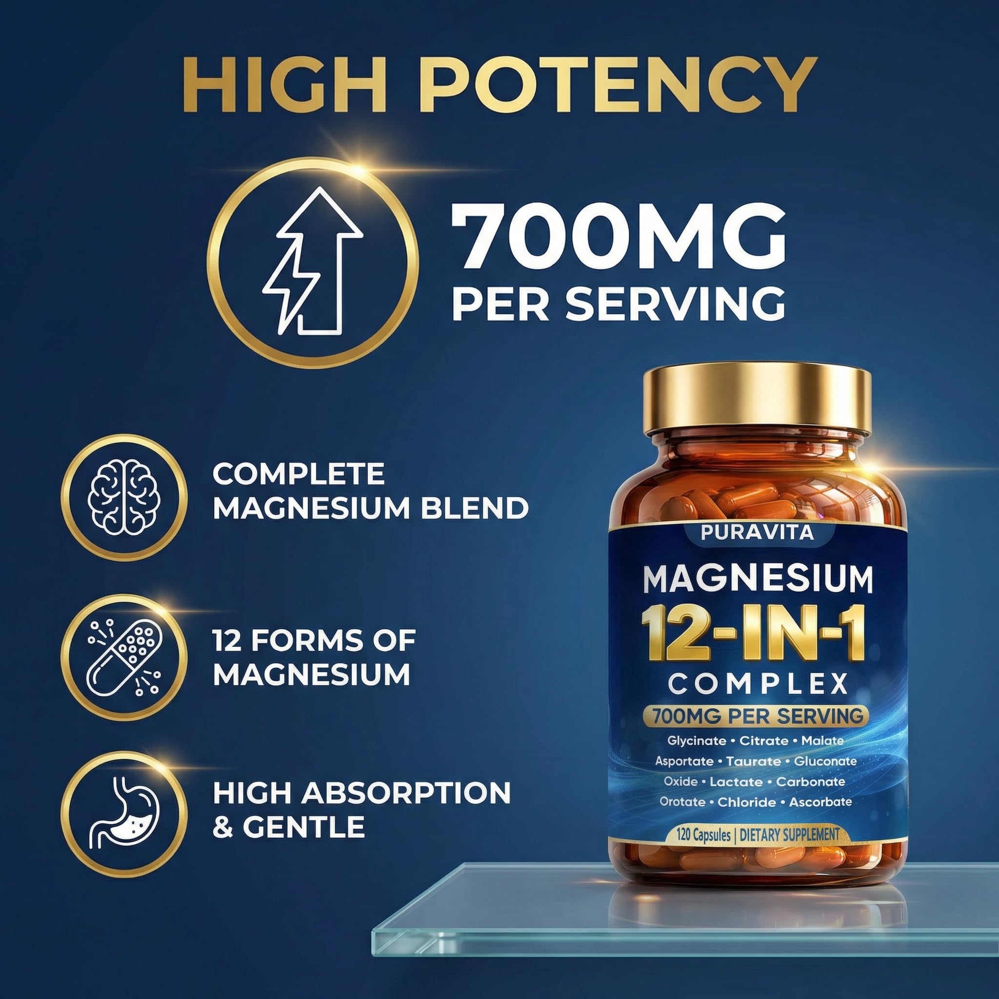 Puravita 12 in 1 Magnesium Complex Capsules - 700mg High Absorption Blend with Glycinate, Citrate, Malate, Oxide & Taurate. Supports Muscle Function, Nerve Health & Relaxation - 120 Capsules (1) PURAVITA buy supplements Au