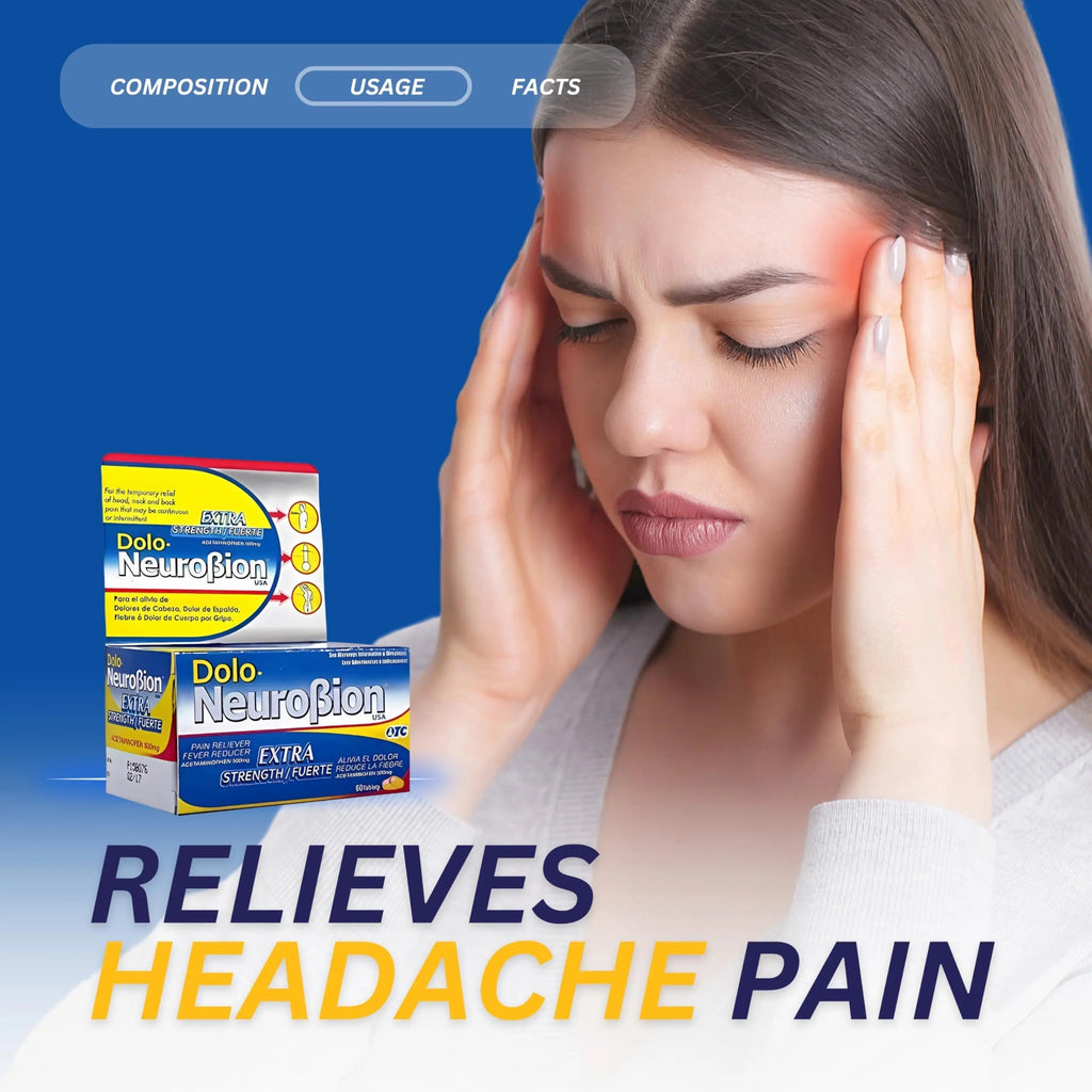 Dolo Neurobion Pain Reliever, Fever Reducer, Extra Strength. Alivia el Dolor,Reduce la Fiebre, Extra Fuerte. 60 Tablets. Acetaminophen 500 mg NeurobionBuy Supplements Australia