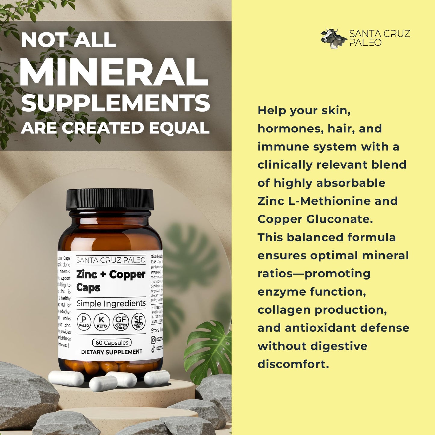 Santa Cruz Paleo, Zinc & Copper Mineral Supplement, High Absorption Formula, Zinc Supplement for Skin & Hair, L Methionine, Copper Gluconate, Trace Minerals