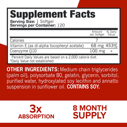 Qunol Ultra CoQ10 100mg, 3x Better Absorption, Patented Water and Fat Soluble Natural Supplement Form of Coenzyme Q10