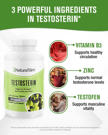 NaturalSlim Natural Booster for Men - Male Enhancing Supplement with Ginkgo Biloba, L Arginine, Zinc, Vitamin B3, & Testofen for Energy, Muscle Builder & Metabolism - 180 Capsules