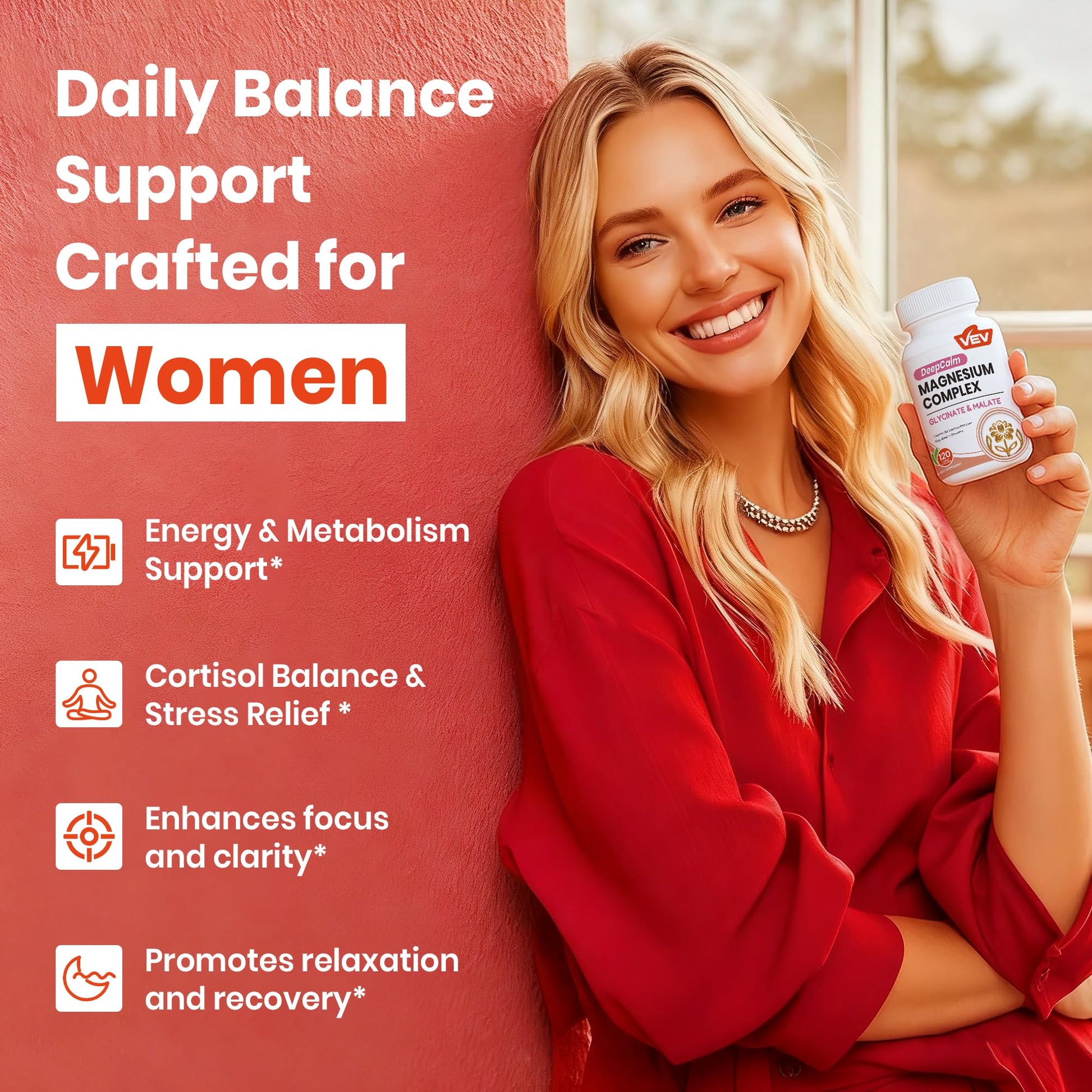 VEV Deep Calm Magnesium Complex for Women – Glycinate, Malate, B6, L-Theanine & Holy Basil – Support for Daily Magnesium & Stress Relief – 120 Vegan Capsules VEV buy supplements Au