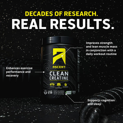Ascent Clean Creatine Monohydrate Powder - 5G Per Serving, Creapure Creatine Supplement - Unflavored, 100 Servings